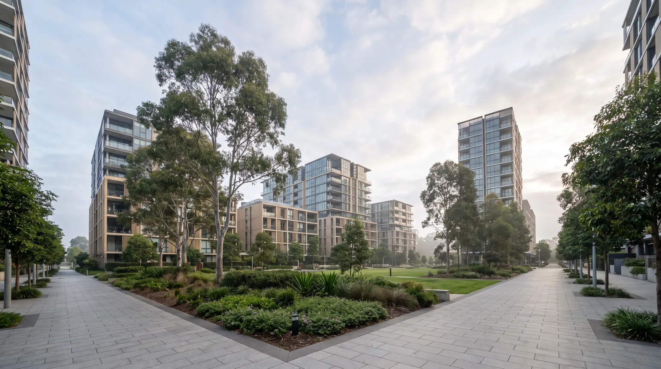 Modern Zetland apartments beside landscaped residential paths, illustrative residential scene