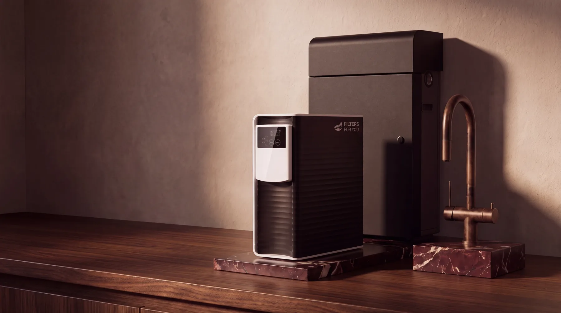 Pure Luxe reverse osmosis and a three way mixer in front of a Pure Home Reserve cabinet