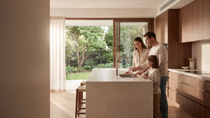 A family pouring glasses of water at the kitchen island of a bright Sydney home
