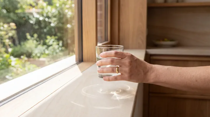 A hand holding a glass of water up to a sunny kitchen window