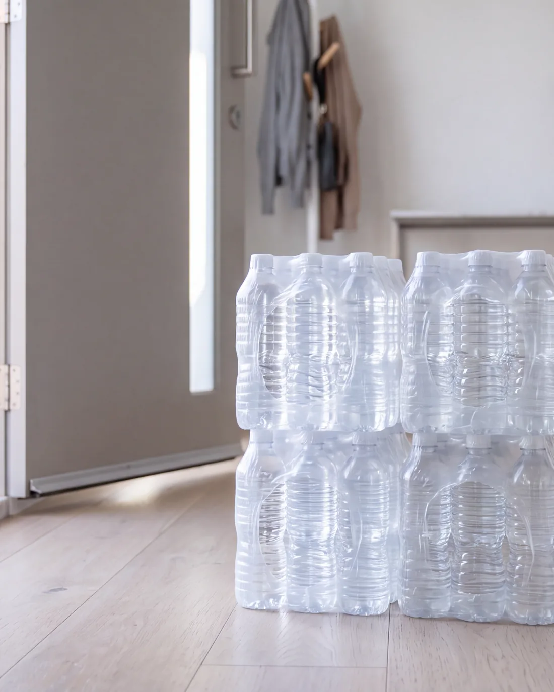 Cartons of bottled water stacked inside the front door of a Sydney home