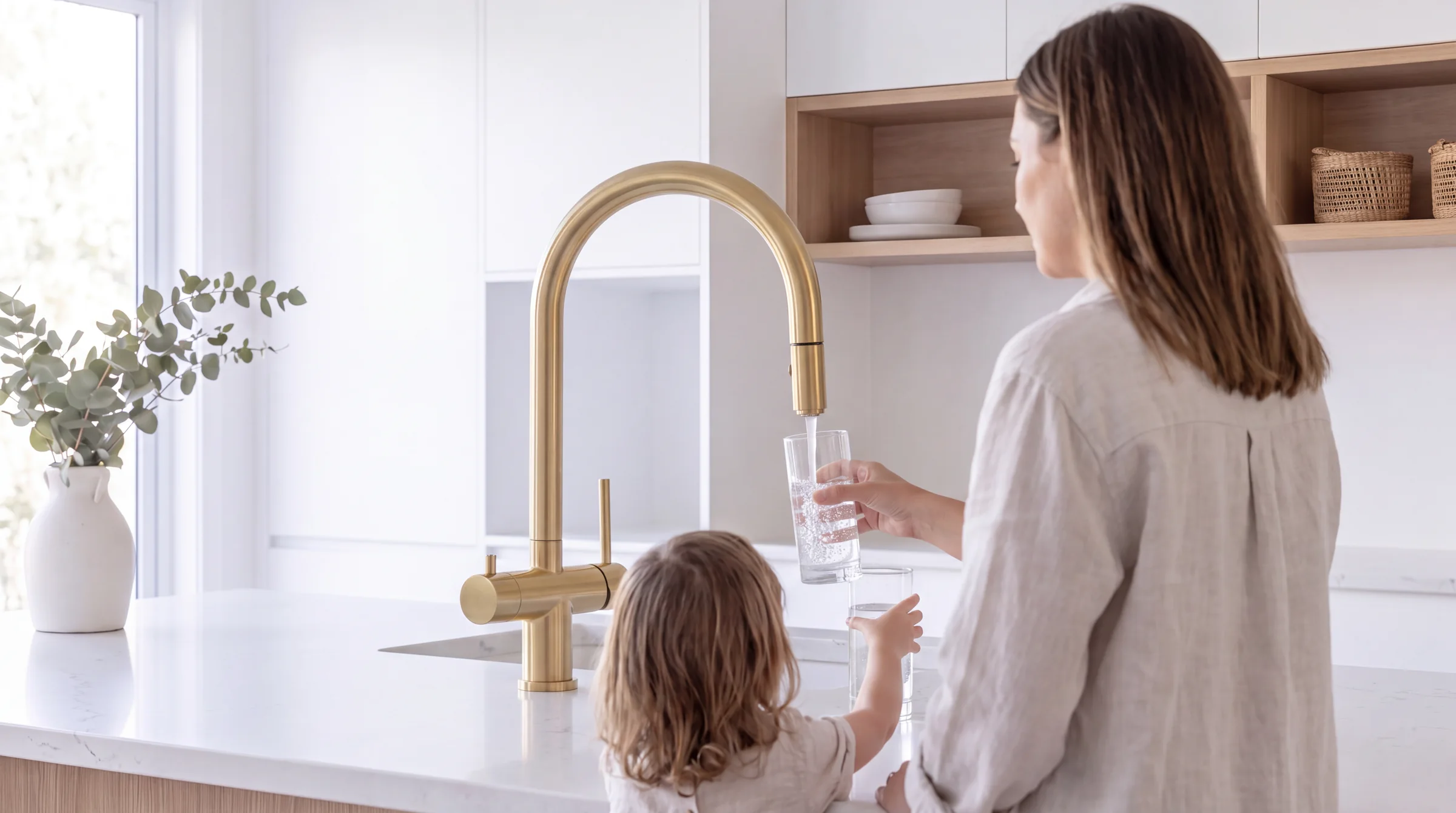 A mother and her young daughter filling a glass at a brushed gold kitchen mixer