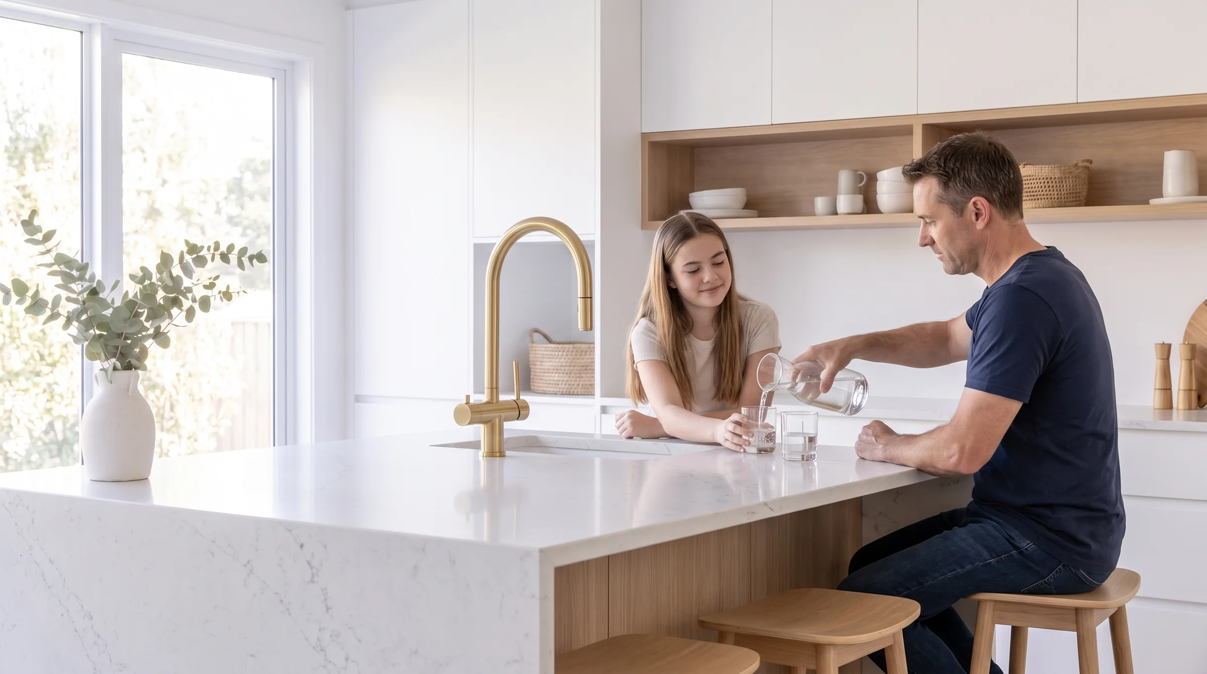 A father pouring a glass of filtered water for his daughter at the kitchen bench