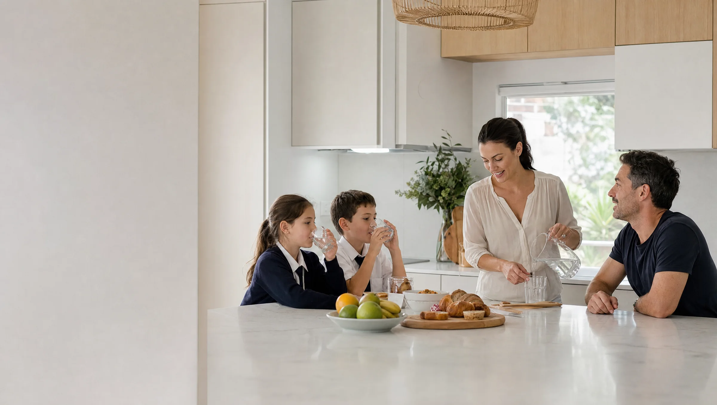 Two children drinking water at a bright kitchen bench