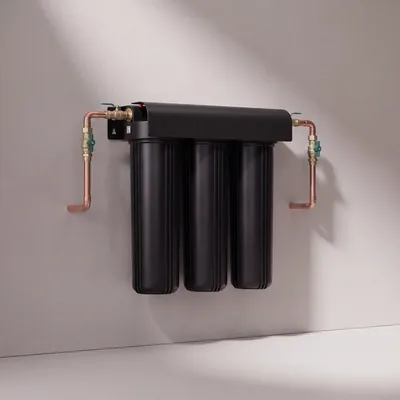Pure Home whole house filtration, three black housings on a wall bracket