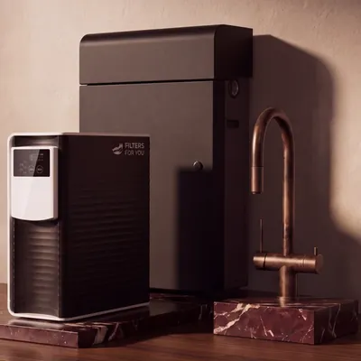 Pure Luxe reverse osmosis and a three way mixer in front of a Pure Home Reserve cabinet