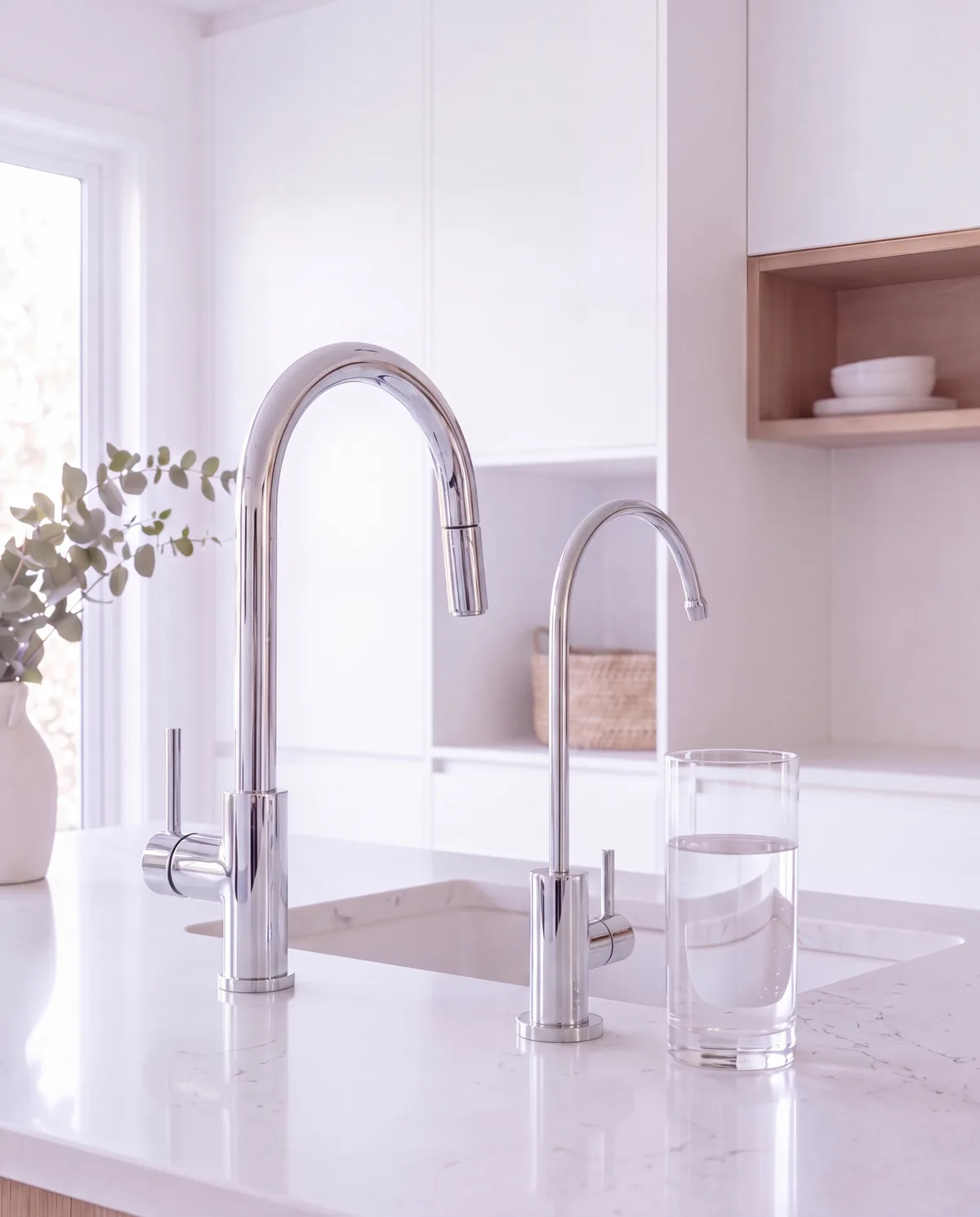 A slim polished chrome dedicated filtered water tap beside a polished chrome kitchen mixer on a white stone bench