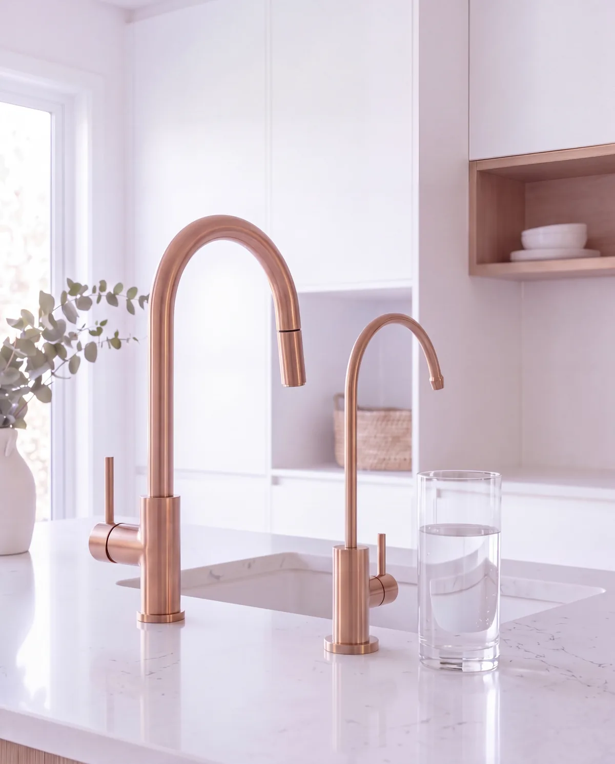 A slim brushed copper dedicated filtered water tap beside a brushed copper kitchen mixer on a white stone bench