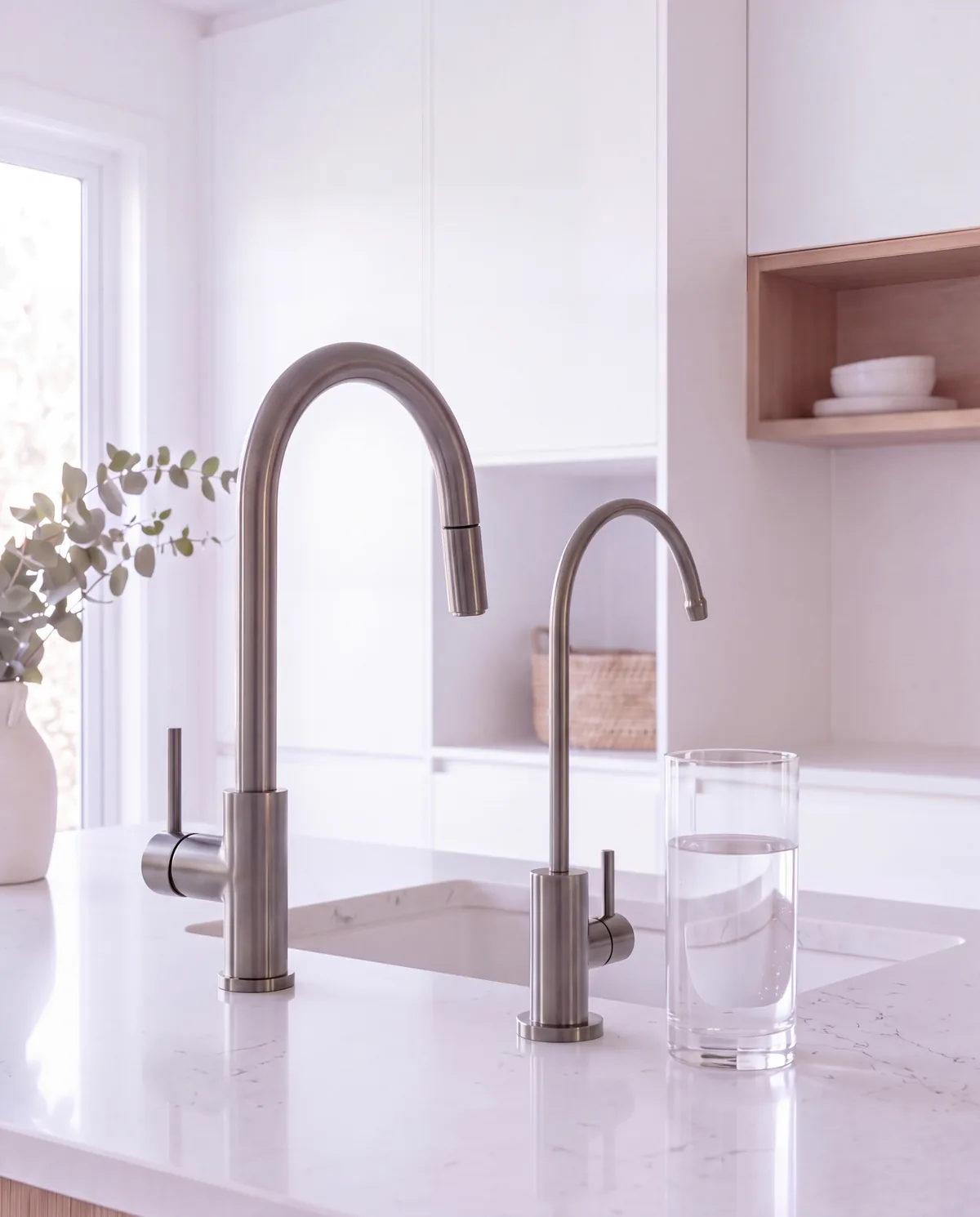 A slim gunmetal dedicated filtered water tap beside a gunmetal kitchen mixer on a white stone bench