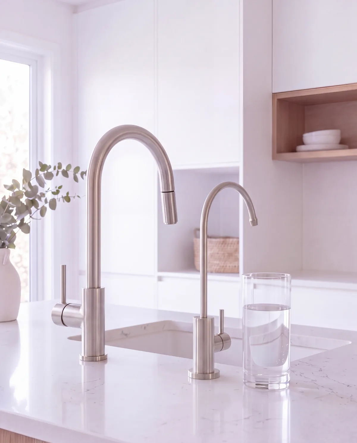 A slim brushed stainless dedicated filtered water tap beside a brushed stainless kitchen mixer on a white stone bench