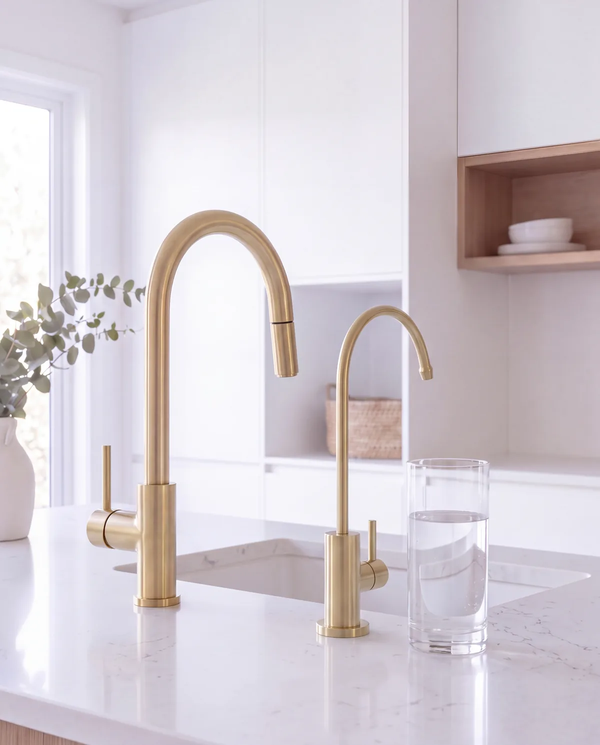 A slim brushed gold dedicated filtered water tap beside a brushed gold kitchen mixer on a white stone bench