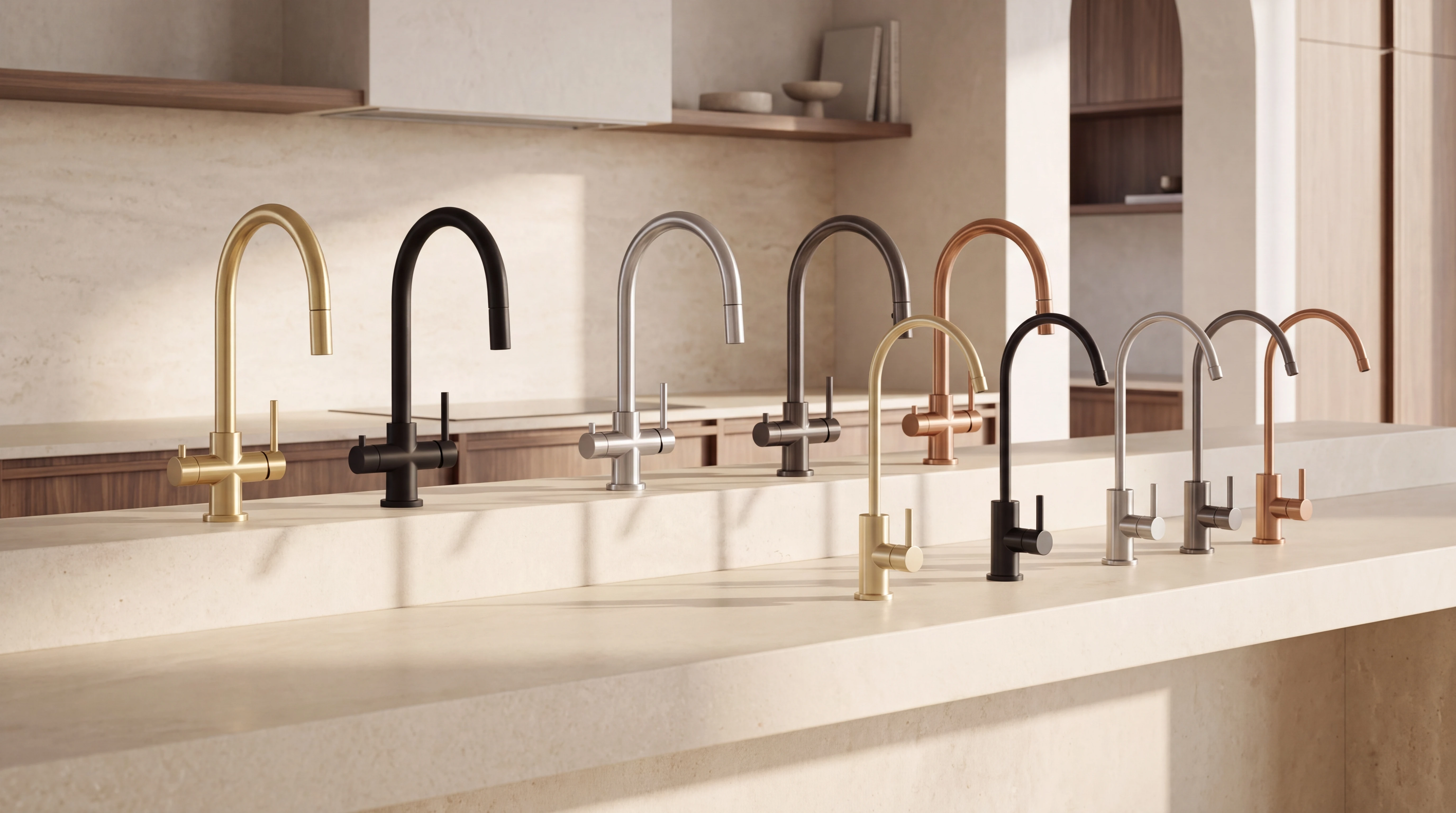 Five premium mixer taps and five matching filter taps in gold, black, stainless, gunmetal and copper, displayed together in a sunlit kitchen
