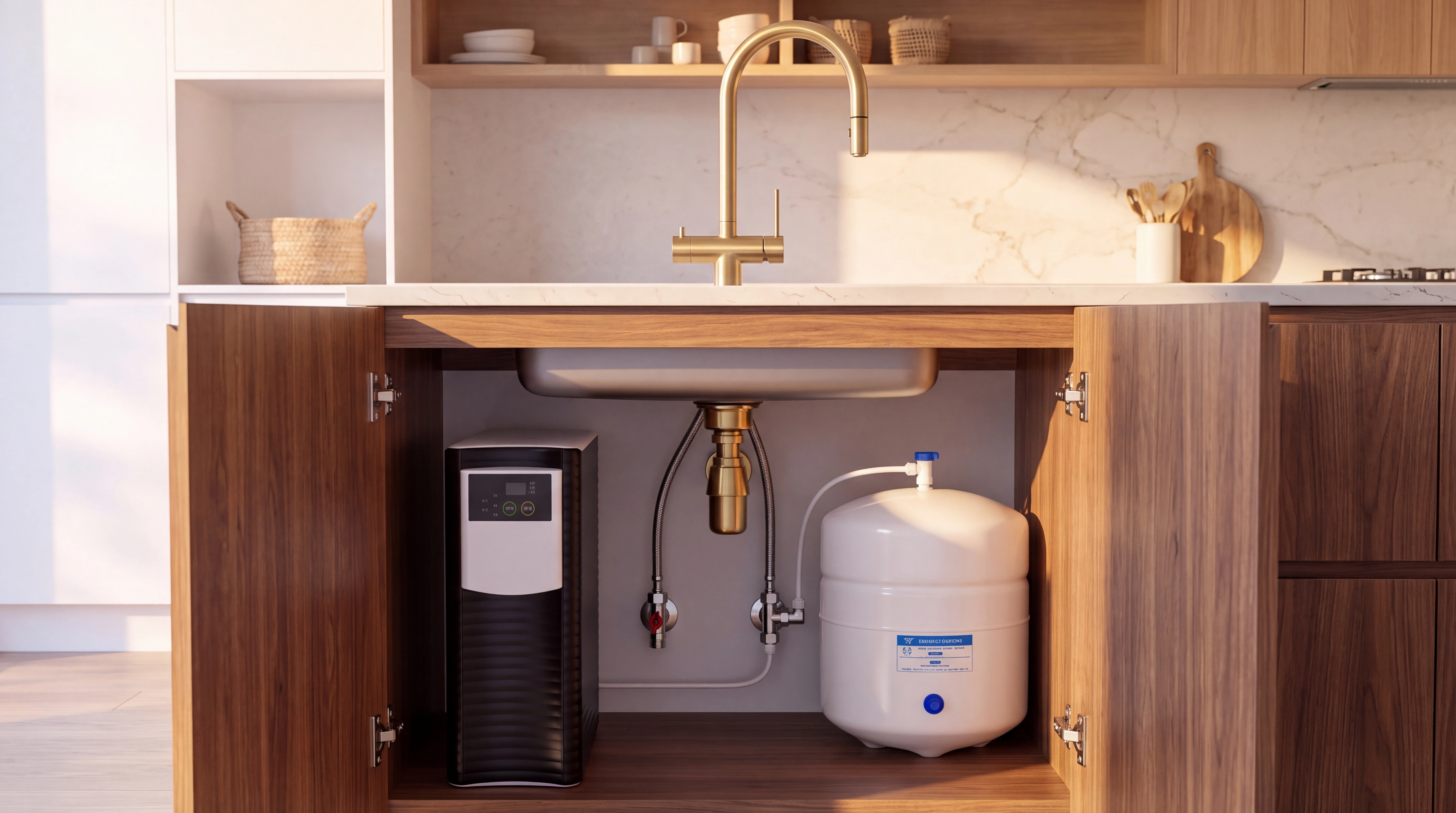Gold three-way mixer above a Pure Luxe reverse osmosis system and pressure tank, with separate hot, cold and drinking-water connections