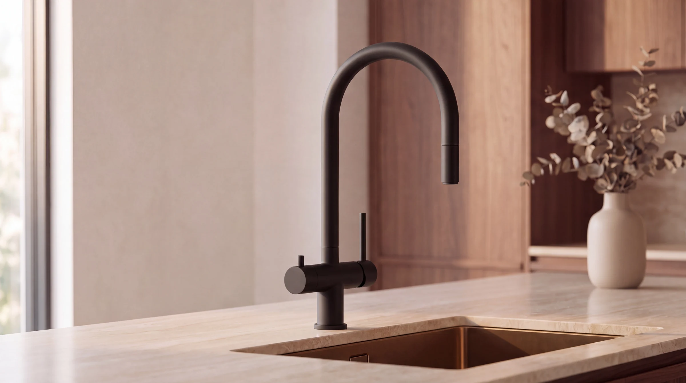 Matte black mixer in a kitchen, studio illustration