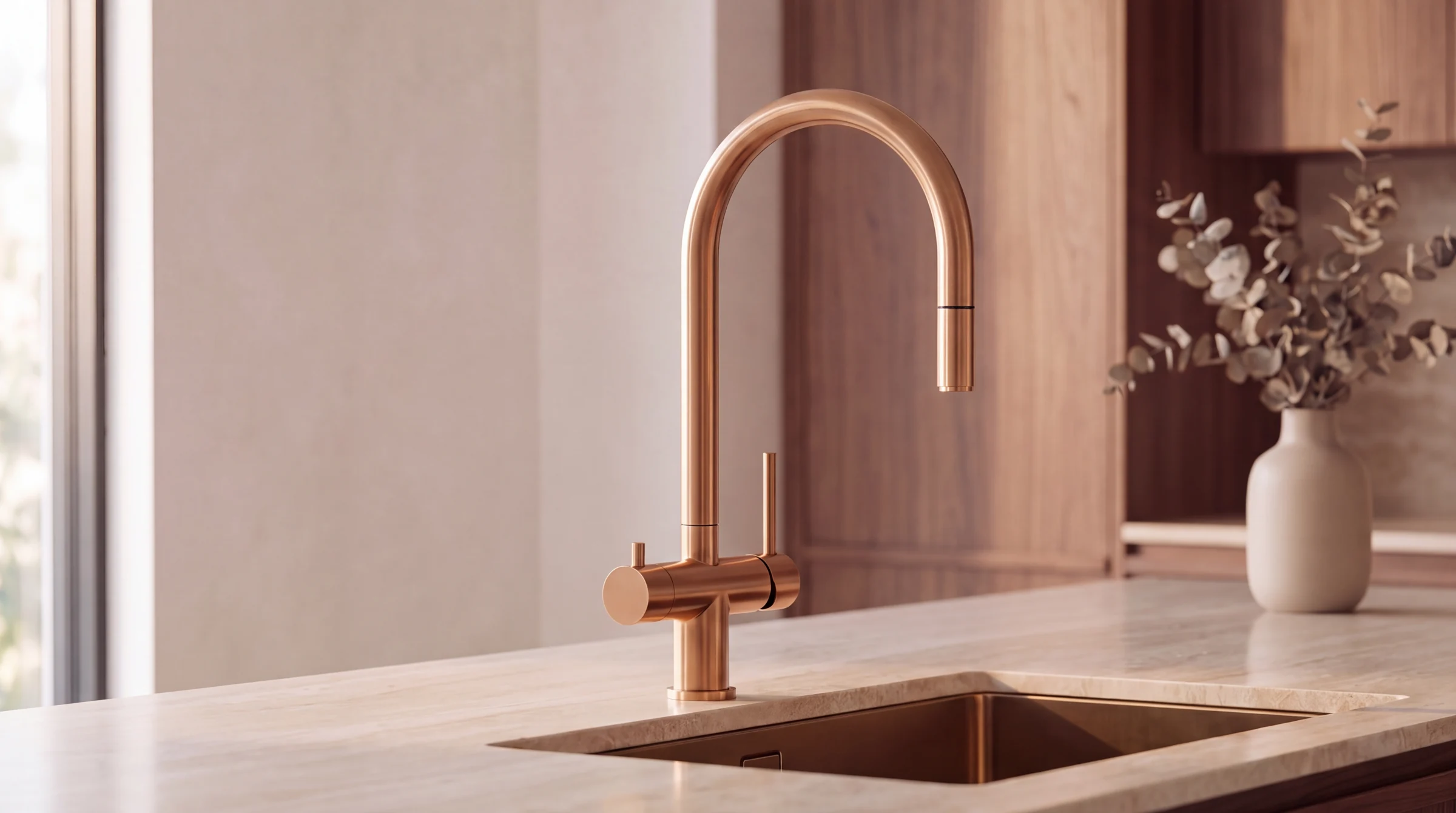 Brushed copper mixer in a kitchen, studio illustration