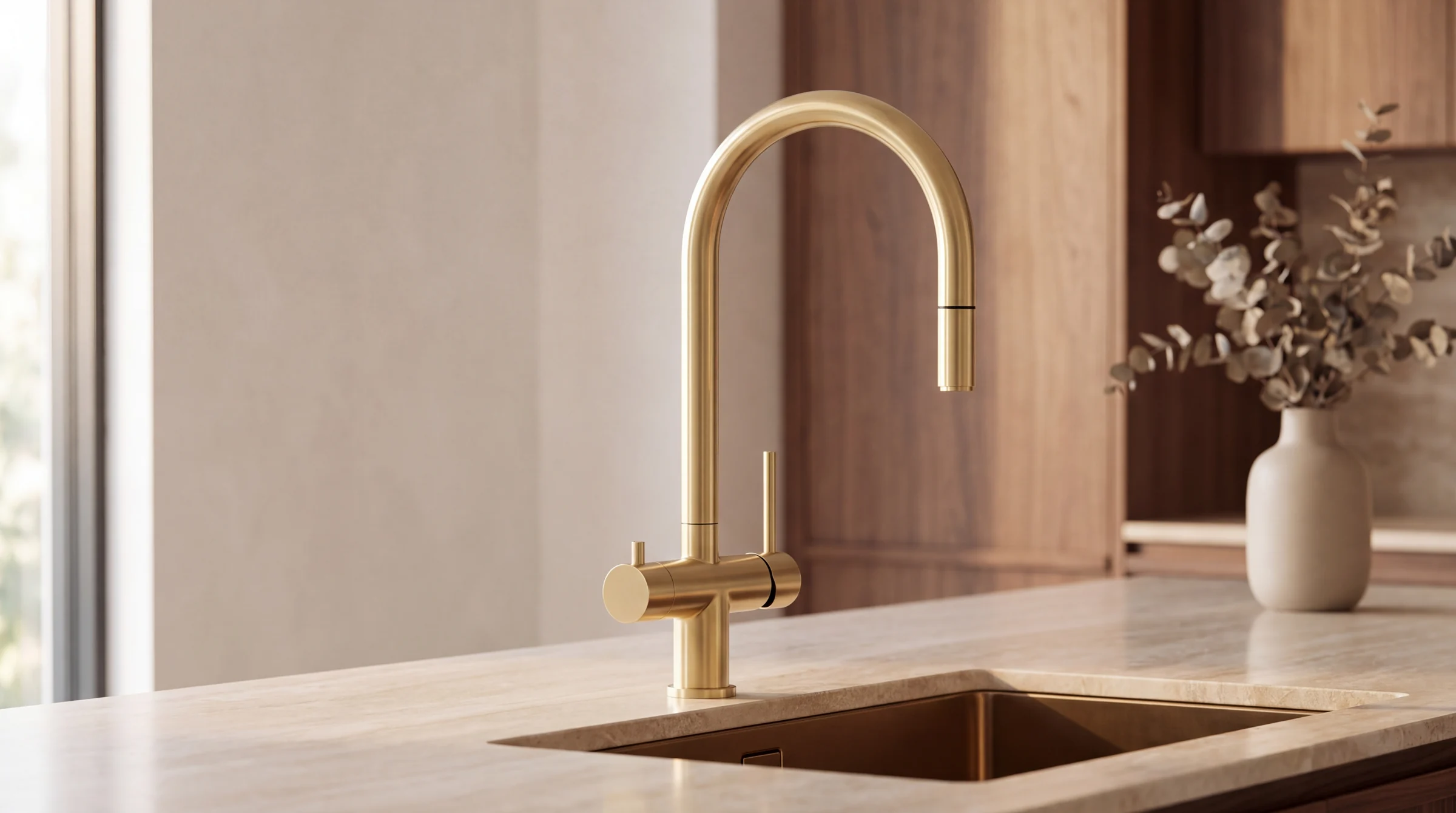 Brushed gold mixer in a kitchen, studio illustration
