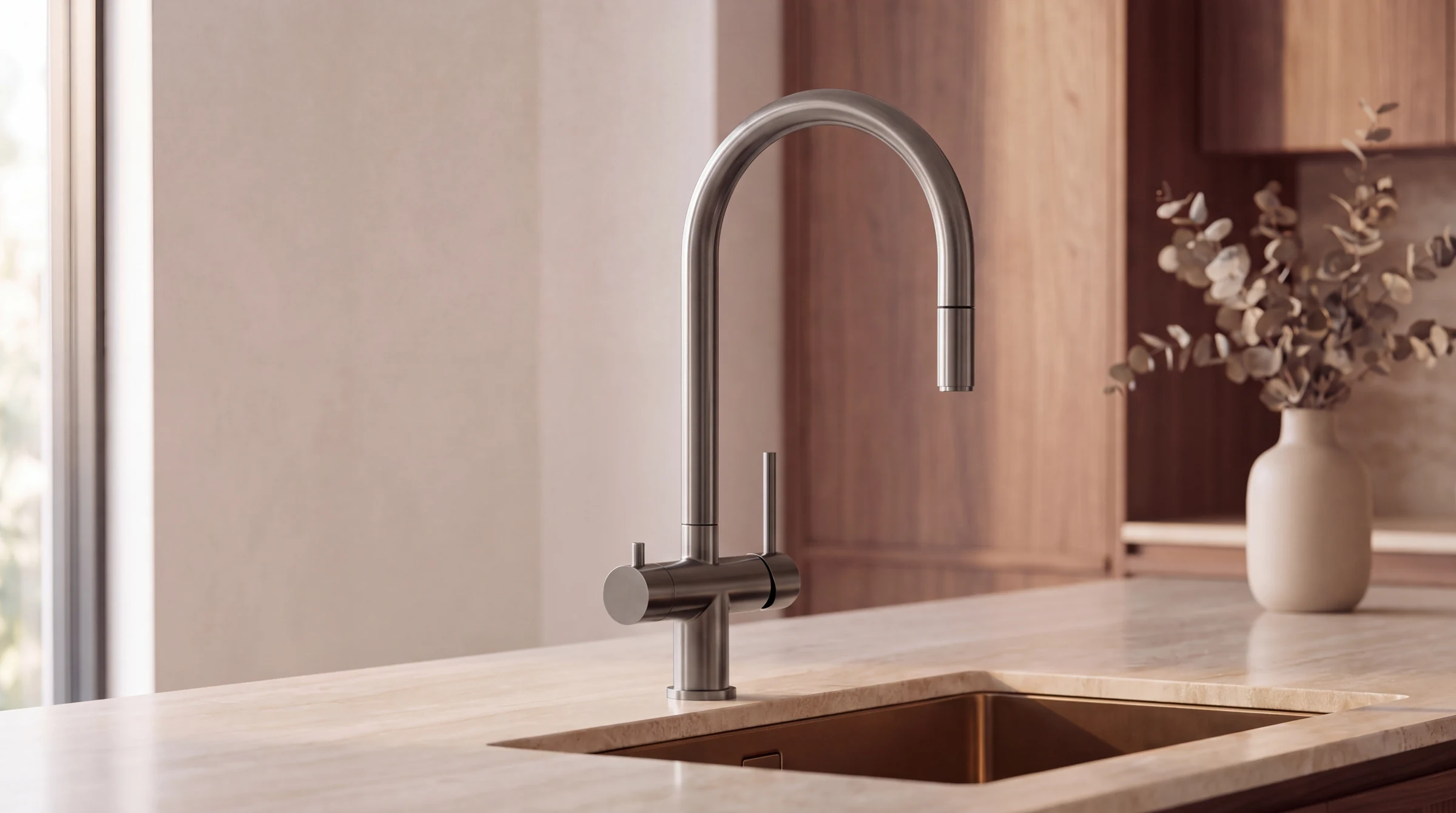 Gunmetal mixer in a kitchen, studio illustration