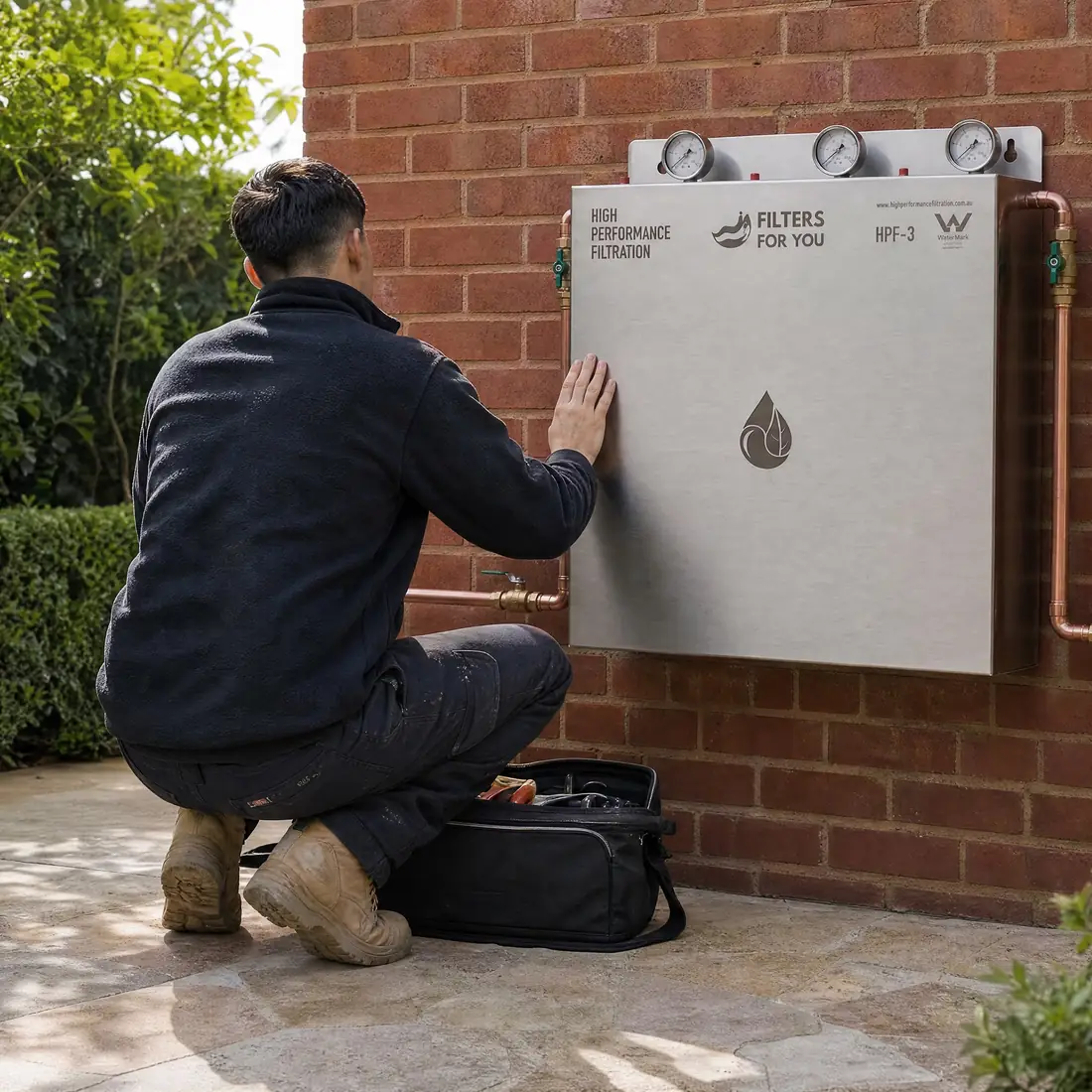 A Filters For You plumber servicing a stainless whole house filtration system on a brick wall, illustrative