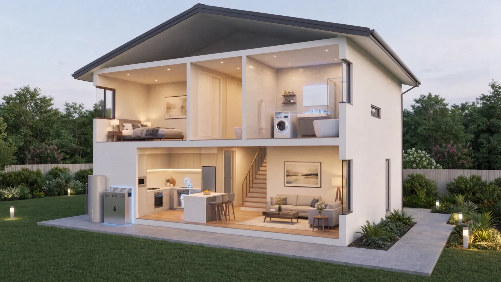 Illustration of a two storey home in cutaway, with a whole house water filtration system at the mains beside the hot water system and the kitchen, laundry, bath and shower lit up inside