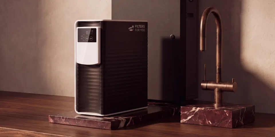 Pure Luxe reverse osmosis and a copper three way mixer in front of a Pure Home Reserve cabinet