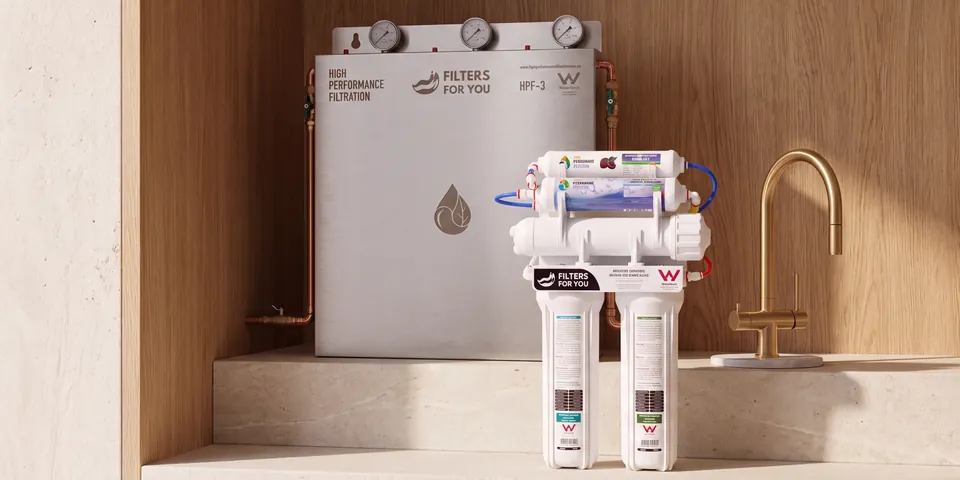 Pure Home whole house filtration, Pure Premium reverse osmosis and a brushed gold three way mixer together