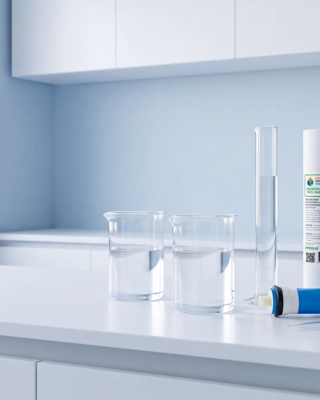 A laboratory bench with beakers of water, a graduated cylinder and two Filters For You cartridges