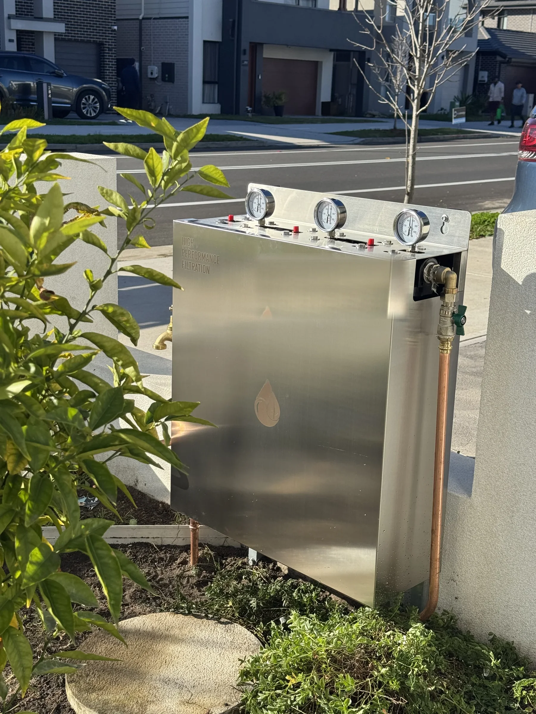 A whole home filtration system installed outside a new Sydney home